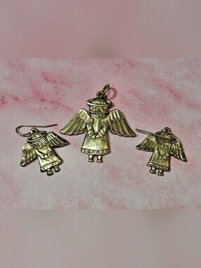 Vintage Jeep Collins Brass Angel Pendant and matching Earrings